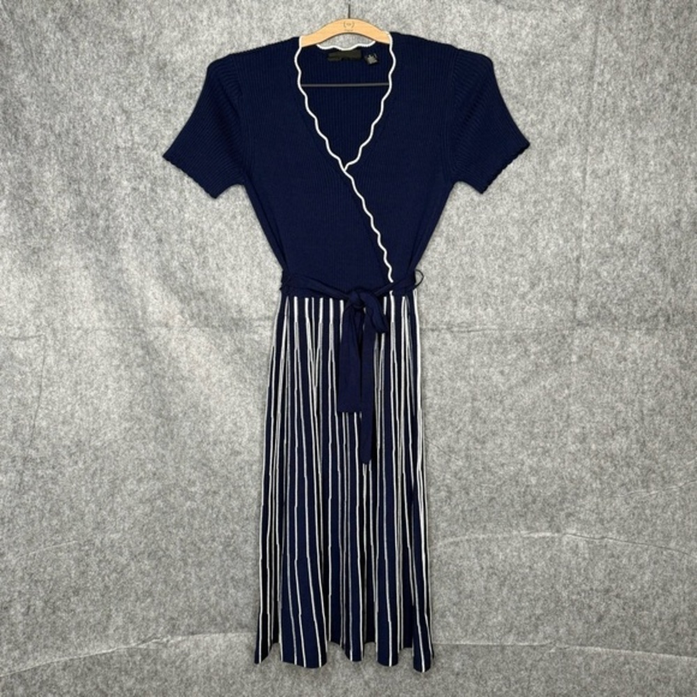 Nina Leonard Navy Blue Sweater Dress‎ with Scalloped Detail- Sz S